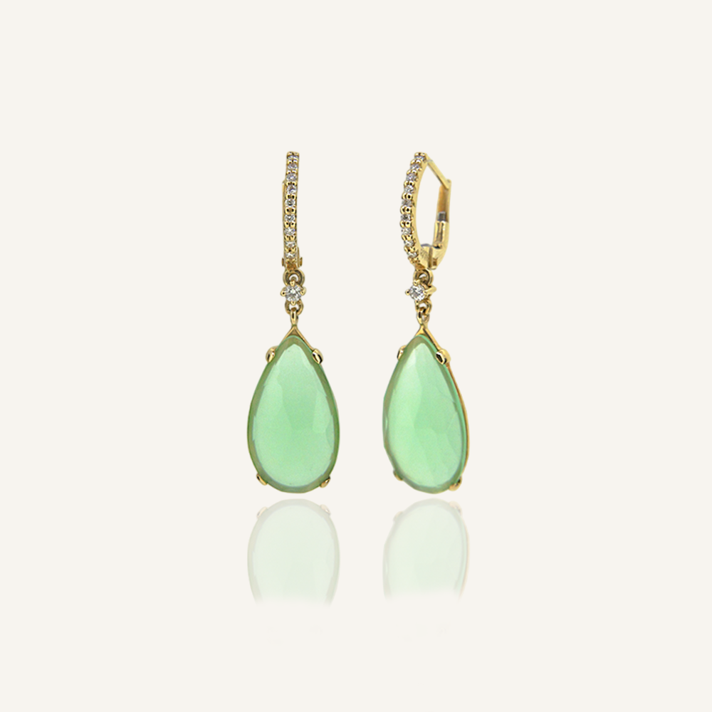 Pendientes BRIOLETTE Calcedonia verde agua talla pera y criollas brillantes OA