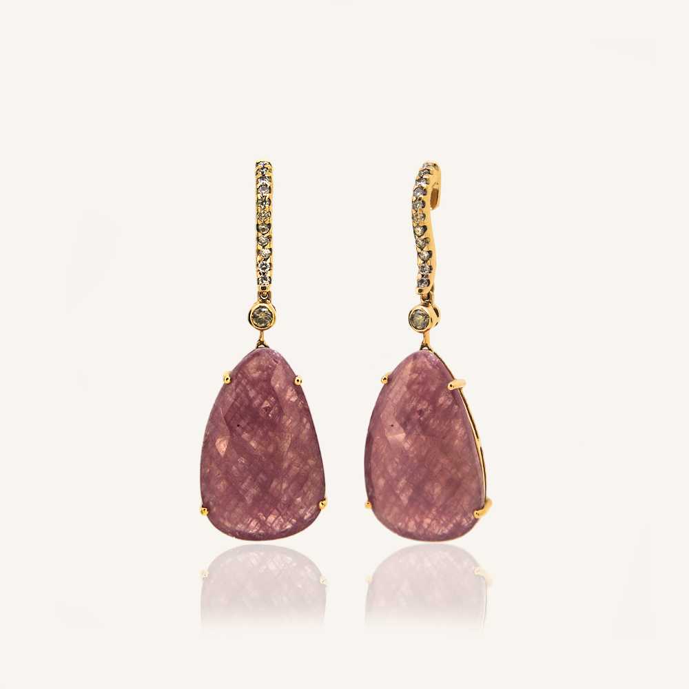 Pendientes FLORIS Zafiro rosa damero briolette pera y diamantes brown OR