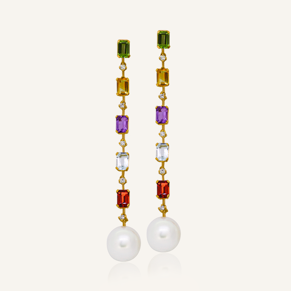 Pendientes RAINBOW Five Piedras multicolor y brillantes con perlas australianas OA