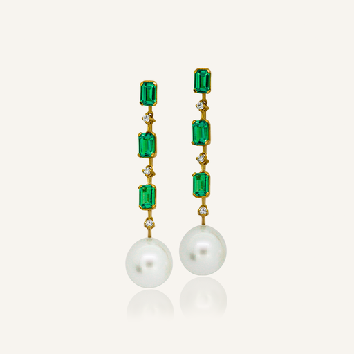 [108S11564] Pendientes RAINBOW Three Esmeraldas y brillantes con perlas australianas OA